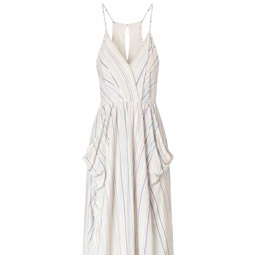 BCBGeneration Striped Maxi Dress XS White Blue Yellow Racerback High Low Pockets